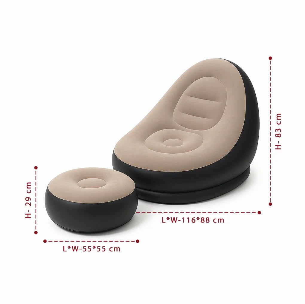 Inflatable Leisure Sofa Chair and Footstool, Outdoor Folding Lounger Flocking Lazy Couch, 2-in-1 Lounge Bed Set Portable Recliner with Air Pump (Gray)