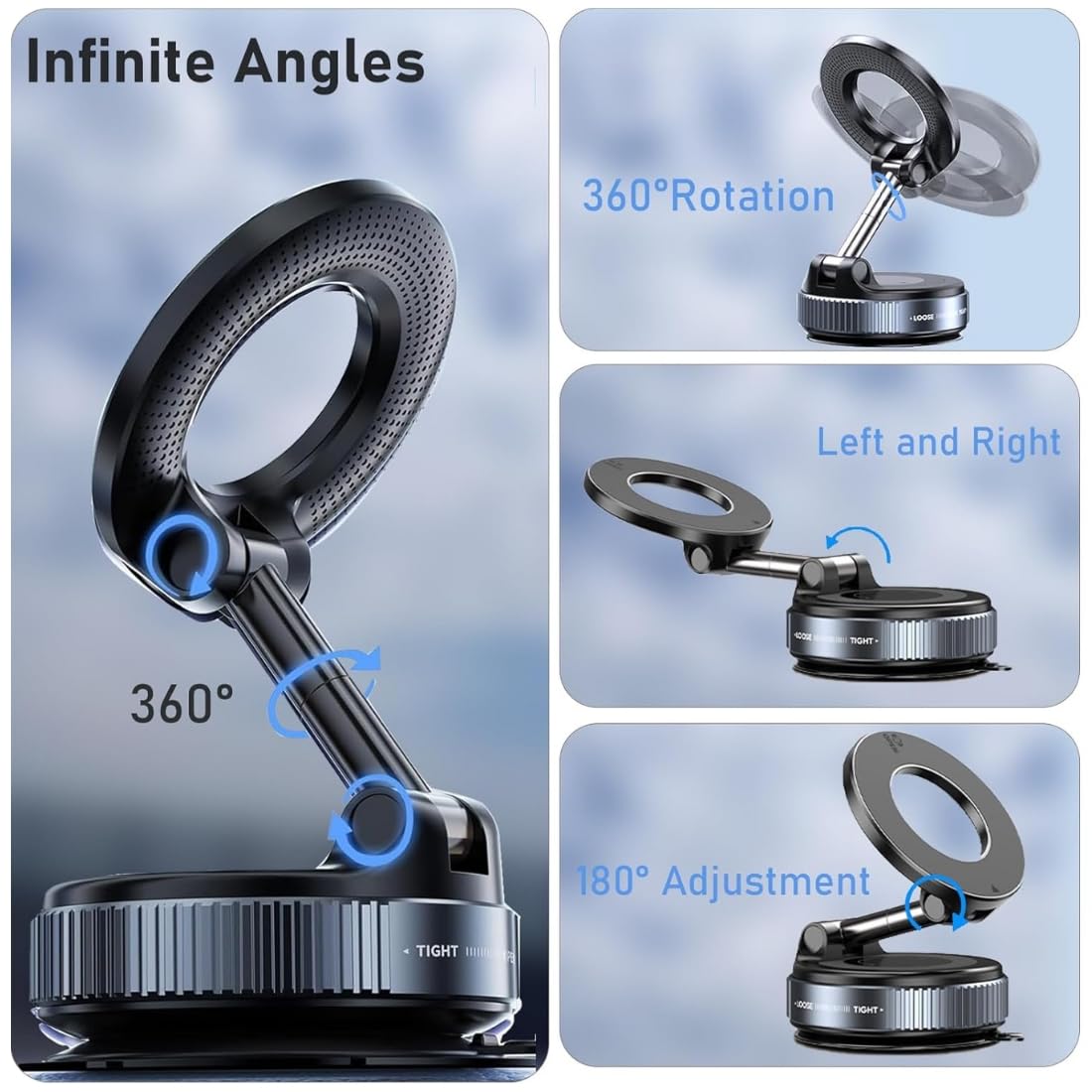 Upgraded Vacuum Suction Cup Magnetic Phone Holder Stand for Magsafe, Adjustable Swivel Lock for Car/Gym/Mirror/Kitchen/Smooth Surface