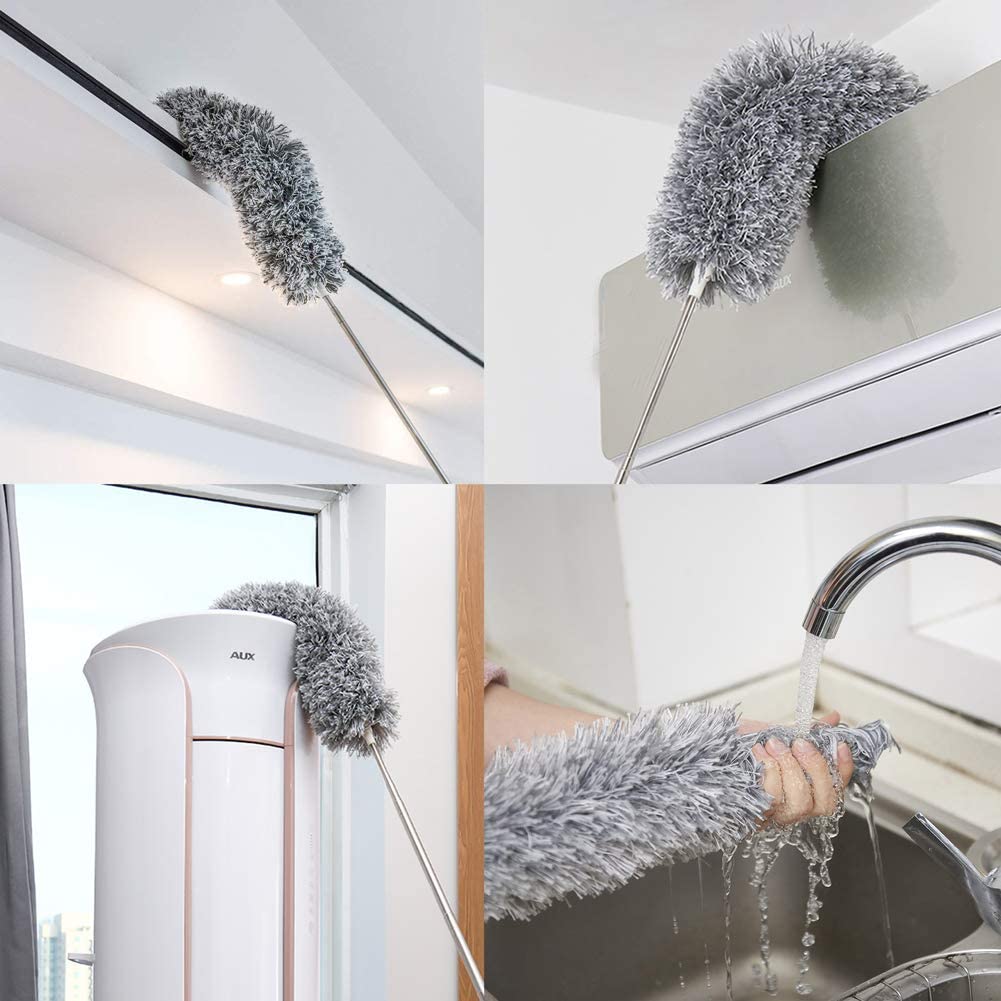 Upgraded Long Handle Microfiber Feather Fan Ceiling Duster for Dust Cleaning with extendable Pole 100 Inch with Anti Scratch Bendable Brush for Cleaning High roof Cobweb Stick | Grey