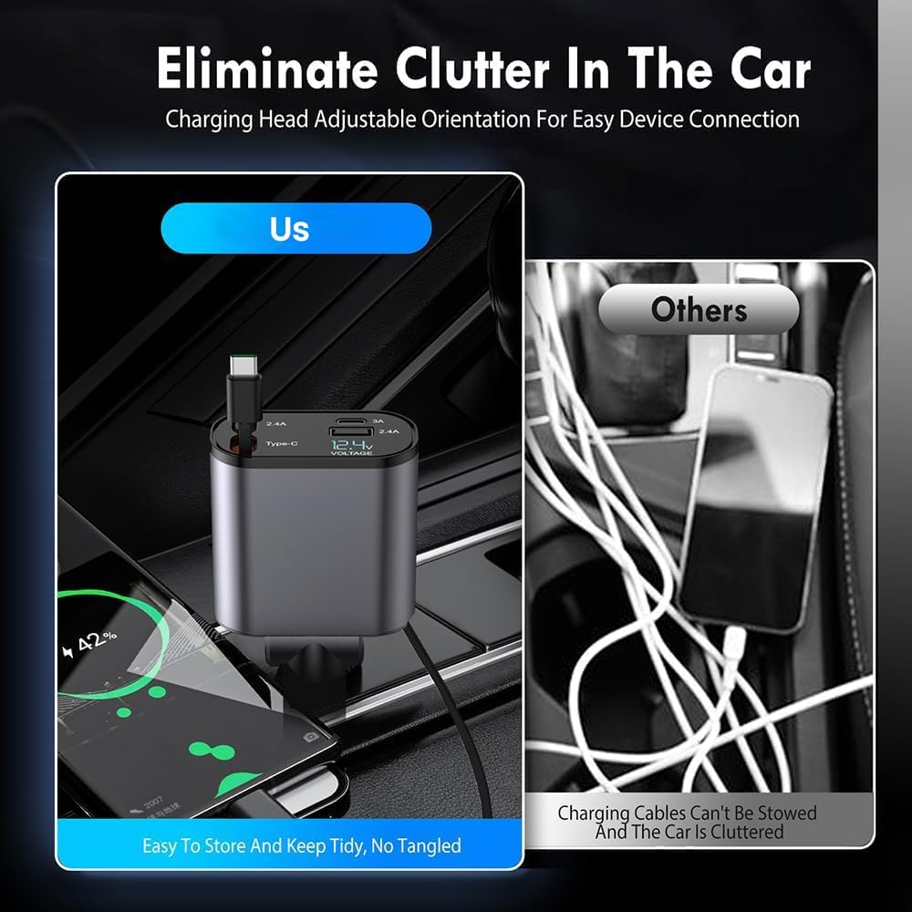 120W Retractable Car Charger Fast Charging 4 in 1 Car Mobile Charger Adapter with Retractable Cables (80cm) and 2 USB Ports Car Fast Charger for iPad, iPhones/Galaxy Other Android Phones