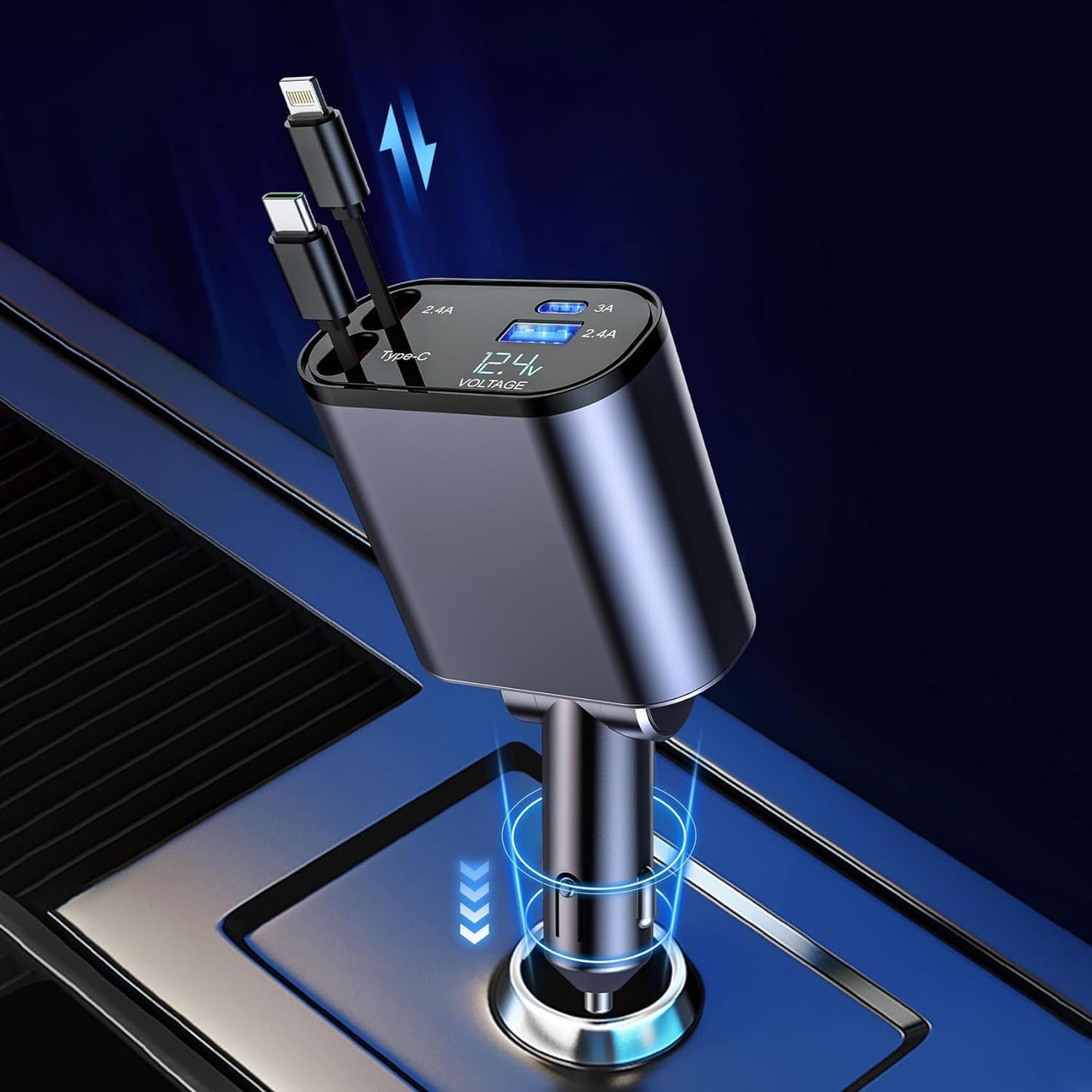 120W Retractable Car Charger Fast Charging 4 in 1 Car Mobile Charger Adapter with Retractable Cables (80cm) and 2 USB Ports Car Fast Charger for iPad, iPhones/Galaxy Other Android Phones