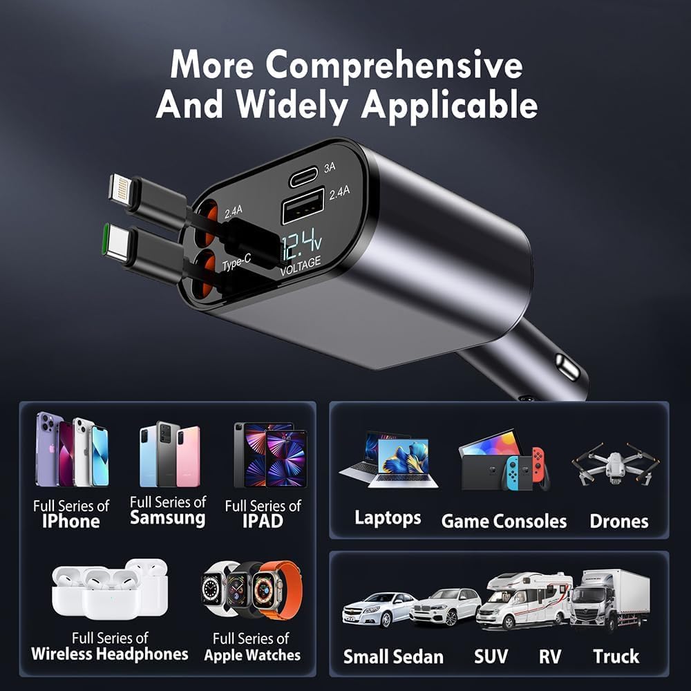 120W Retractable Car Charger Fast Charging 4 in 1 Car Mobile Charger Adapter with Retractable Cables (80cm) and 2 USB Ports Car Fast Charger for iPad, iPhones/Galaxy Other Android Phones
