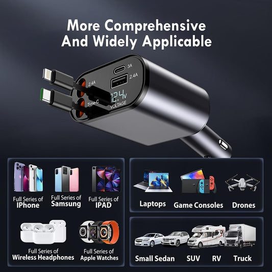 120W Retractable Car Charger Fast Charging 4 in 1 Car Mobile Charger Adapter with Retractable Cables (80cm) and 2 USB Ports Car Fast Charger for iPad, iPhones/Galaxy Other Android Phones