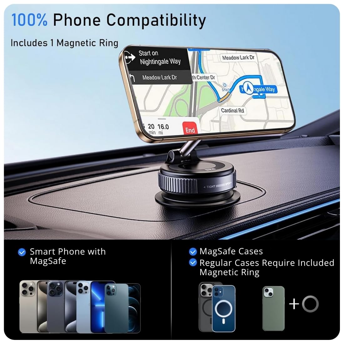 Upgraded Vacuum Suction Cup Magnetic Phone Holder Stand for Magsafe, Adjustable Swivel Lock for Car/Gym/Mirror/Kitchen/Smooth Surface