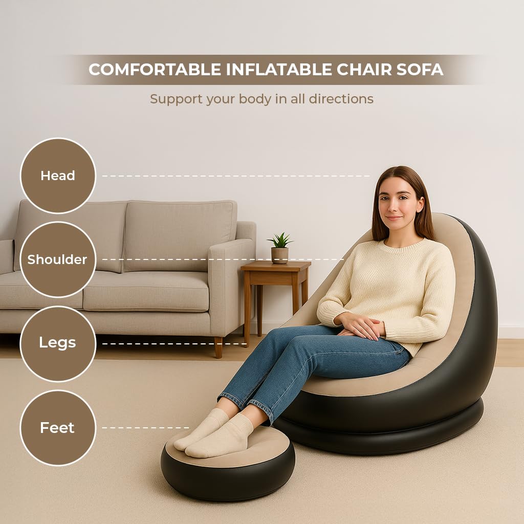 Inflatable Leisure Sofa Chair and Footstool, Outdoor Folding Lounger Flocking Lazy Couch, 2-in-1 Lounge Bed Set Portable Recliner with Air Pump (Gray)