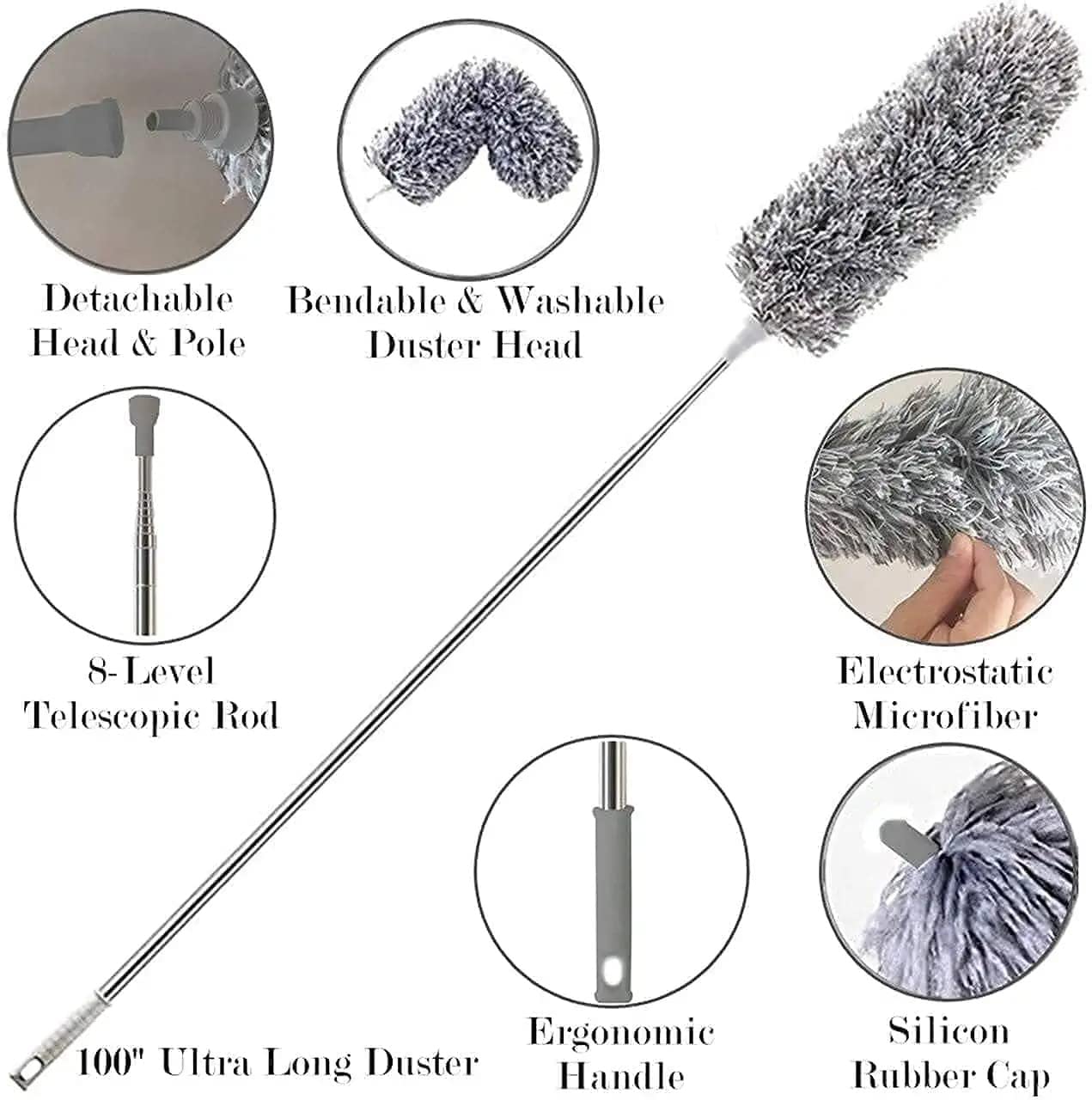 Upgraded Long Handle Microfiber Feather Fan Ceiling Duster for Dust Cleaning with extendable Pole 100 Inch with Anti Scratch Bendable Brush for Cleaning High roof Cobweb Stick | Grey