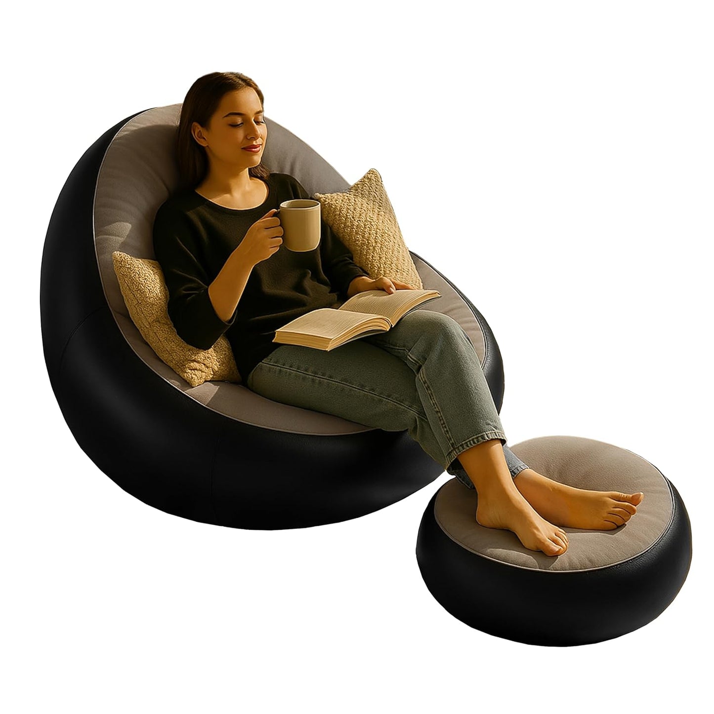 Inflatable Leisure Sofa Chair and Footstool, Outdoor Folding Lounger Flocking Lazy Couch, 2-in-1 Lounge Bed Set Portable Recliner with Air Pump (Gray)