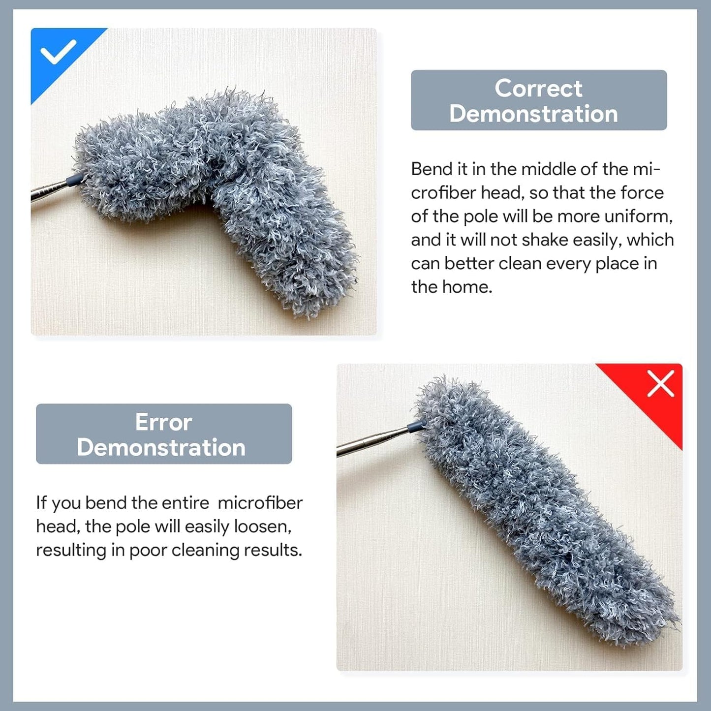 Upgraded Long Handle Microfiber Feather Fan Ceiling Duster for Dust Cleaning with extendable Pole 100 Inch with Anti Scratch Bendable Brush for Cleaning High roof Cobweb Stick | Grey