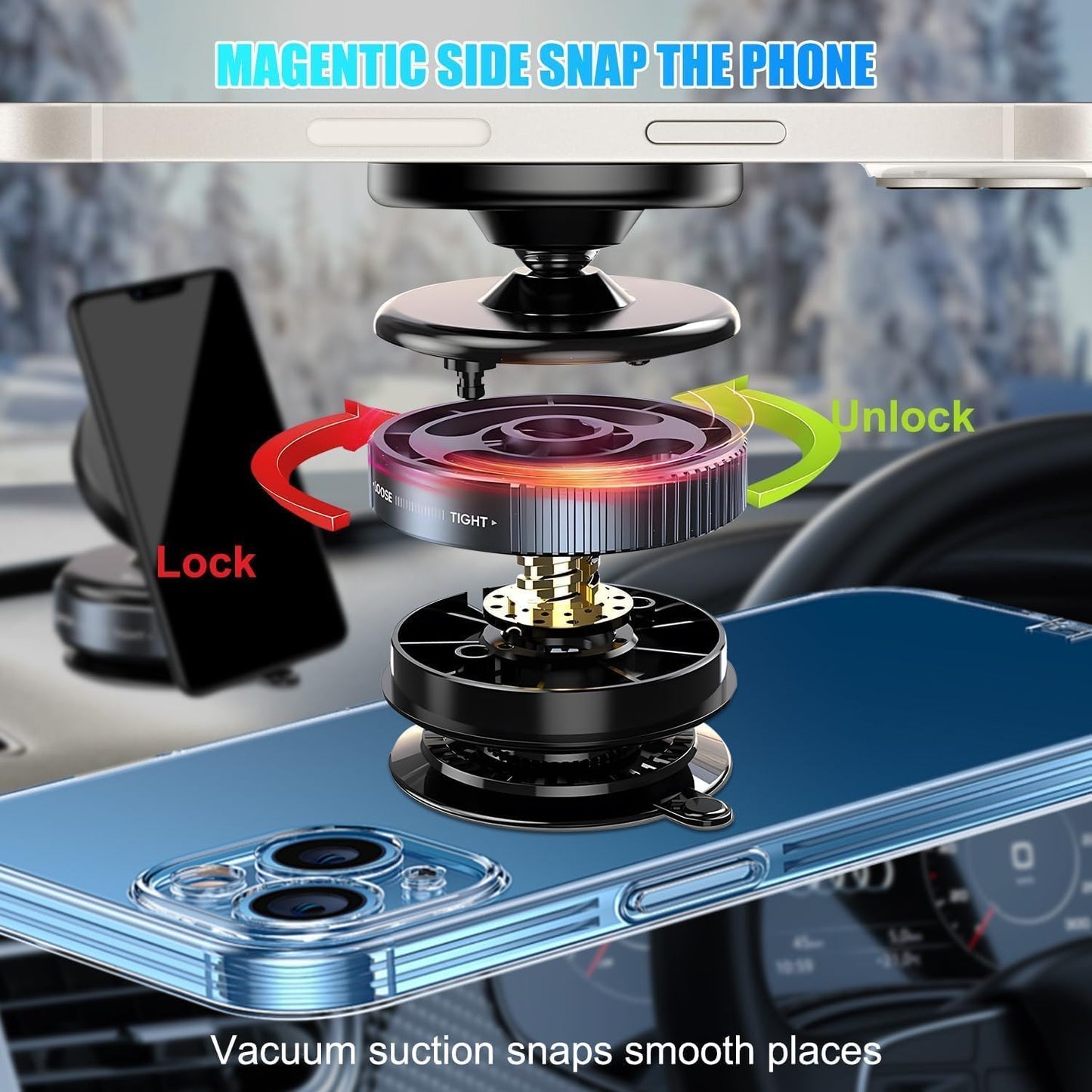 Magnetic Phone Holder for Car Strong Vacuum Suction Cup Mount with 360° Rotation