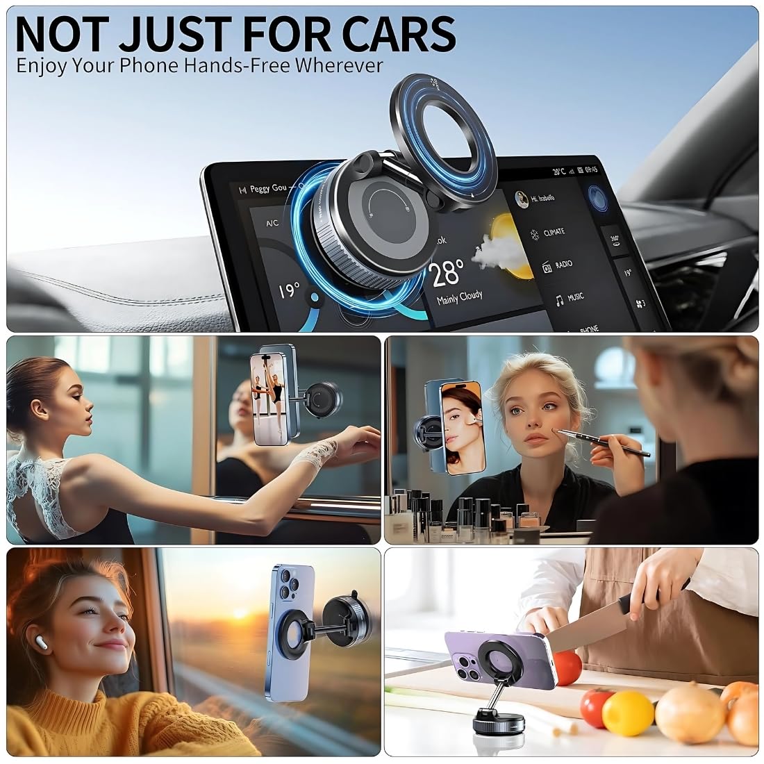 Upgraded Vacuum Suction Cup Magnetic Phone Holder Stand for Magsafe, Adjustable Swivel Lock for Car/Gym/Mirror/Kitchen/Smooth Surface