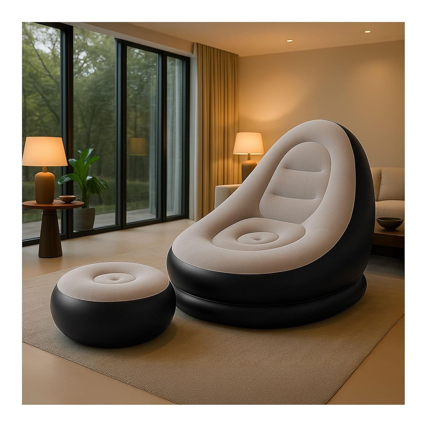 Inflatable Leisure Sofa Chair and Footstool, Outdoor Folding Lounger Flocking Lazy Couch, 2-in-1 Lounge Bed Set Portable Recliner with Air Pump (Gray)