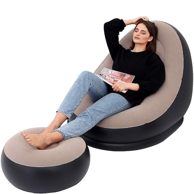Inflatable Leisure Sofa Chair and Footstool, Outdoor Folding Lounger Flocking Lazy Couch, 2-in-1 Lounge Bed Set Portable Recliner with Air Pump (Gray)