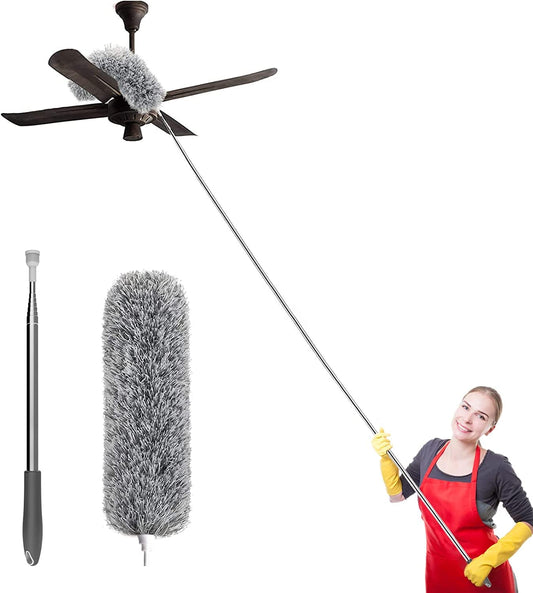 Upgraded Long Handle Microfiber Feather Fan Ceiling Duster for Dust Cleaning with extendable Pole 100 Inch with Anti Scratch Bendable Brush for Cleaning High roof Cobweb Stick | Grey