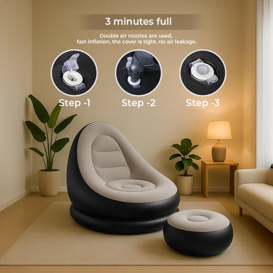 Inflatable Leisure Sofa Chair and Footstool, Outdoor Folding Lounger Flocking Lazy Couch, 2-in-1 Lounge Bed Set Portable Recliner with Air Pump (Gray)