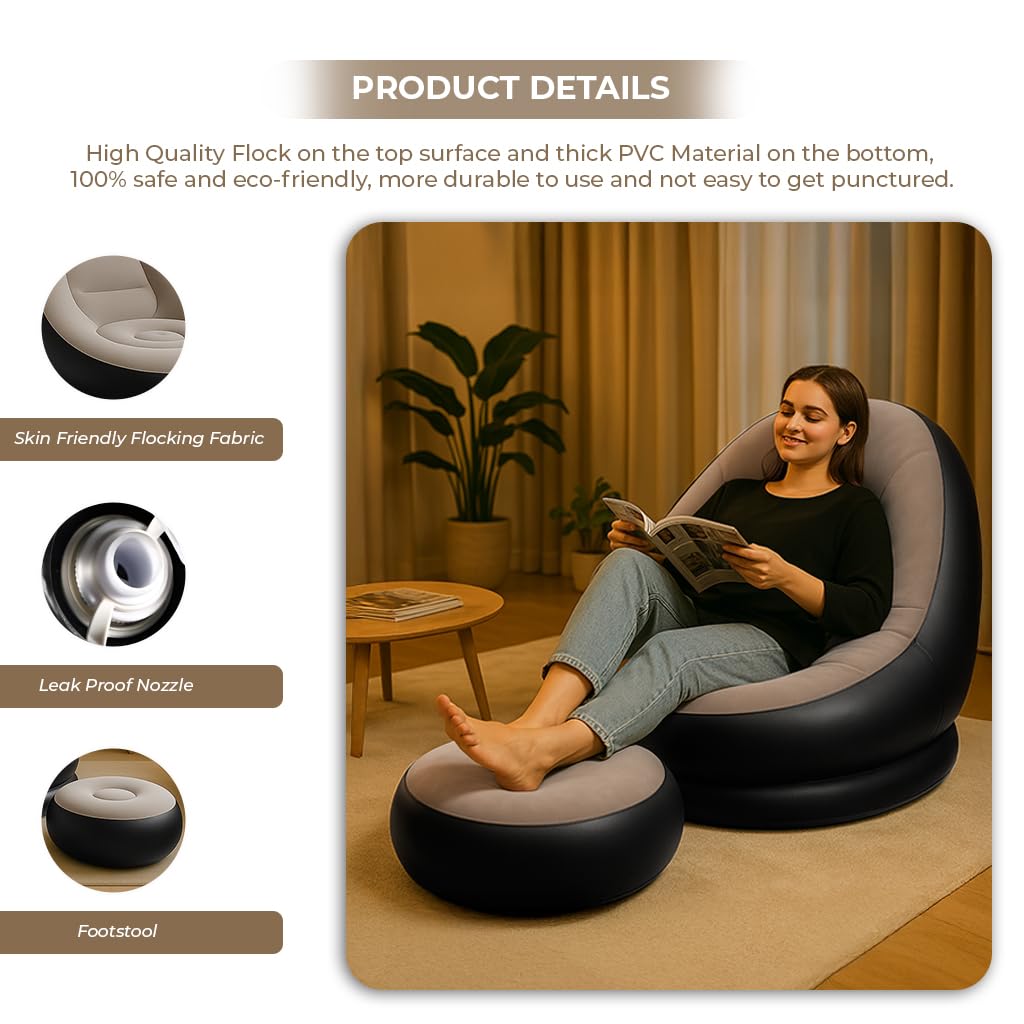 Inflatable Leisure Sofa Chair and Footstool, Outdoor Folding Lounger Flocking Lazy Couch, 2-in-1 Lounge Bed Set Portable Recliner with Air Pump (Gray)
