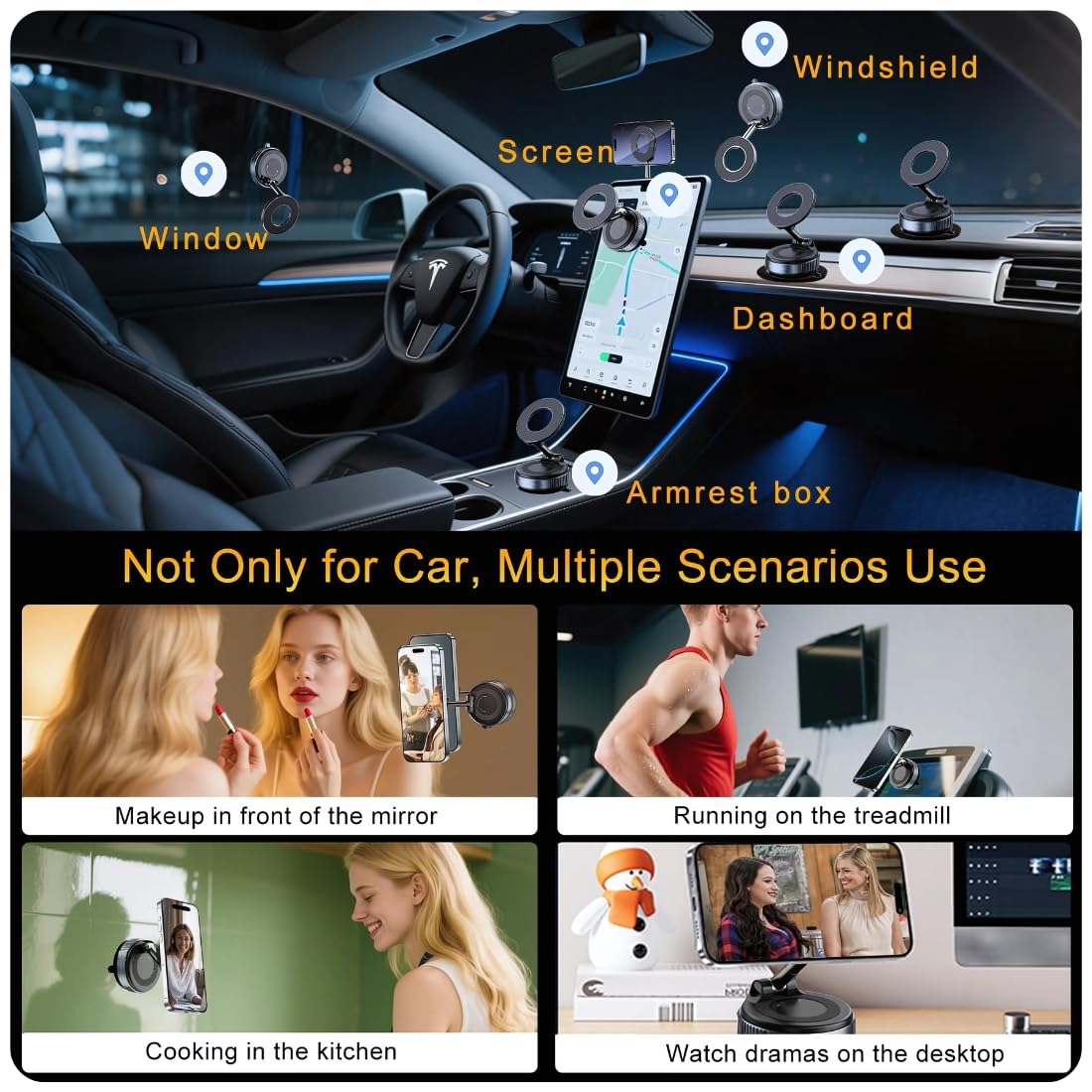 Upgraded Vacuum Suction Cup Magnetic Phone Holder Stand for Magsafe, Adjustable Swivel Lock for Car/Gym/Mirror/Kitchen/Smooth Surface